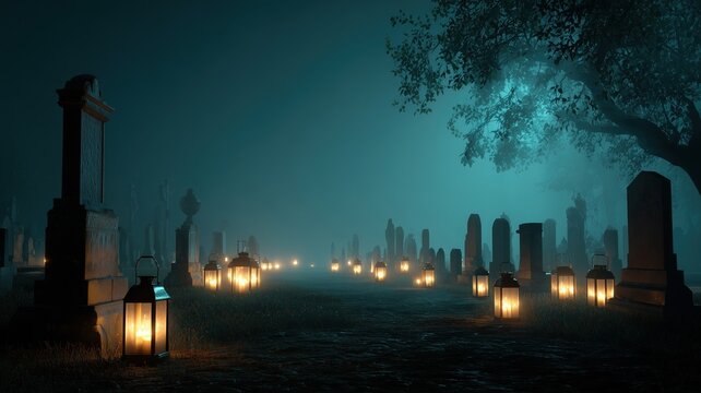 Graveyard with many gravestones and lanterns lit up. Halloween.