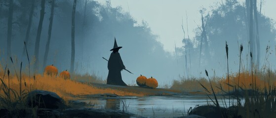 A shadowy witch walks by a misty stream.