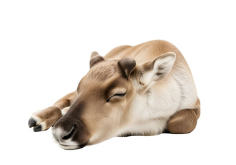 A serene young reindeer calf rests peacefully against a black background.