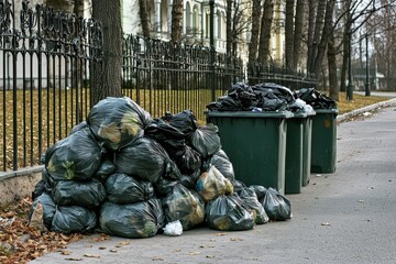 Trash bins on urban streets are overflowing, causing a myriad of cleanliness issues and disorder