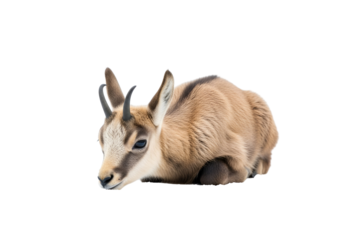 A young chamois lies against a dark background, showcasing its light brown coat and striking dark horns.