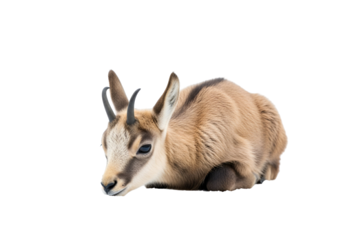 A young chamois lies against a dark background, showcasing its light brown coat and striking dark horns.