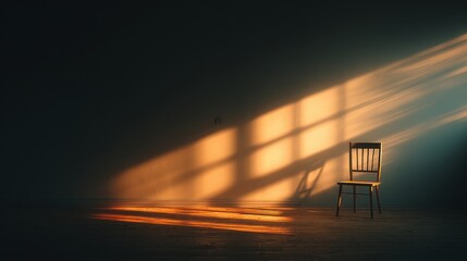 Minimalist living room with a single chair under soft morning light, empty emotional space with subtle shadows, introspective calm atmosphere, peaceful contemporary interior design