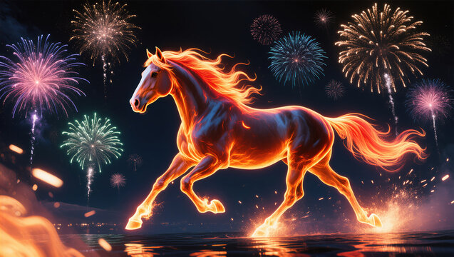 Fiery red glowing horse running beneath fireworks celebrating New Year 2026, the year of the Fire Horse