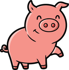 A cheerful cartoon illustration of a pink piglet. The pig is depicted in a simple, pixelated style, and has a happy expression.
