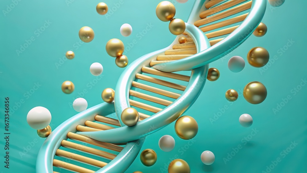 Poster futuristic genetics visual abstract representation of dna strands with colorful spheres in a vibrant
