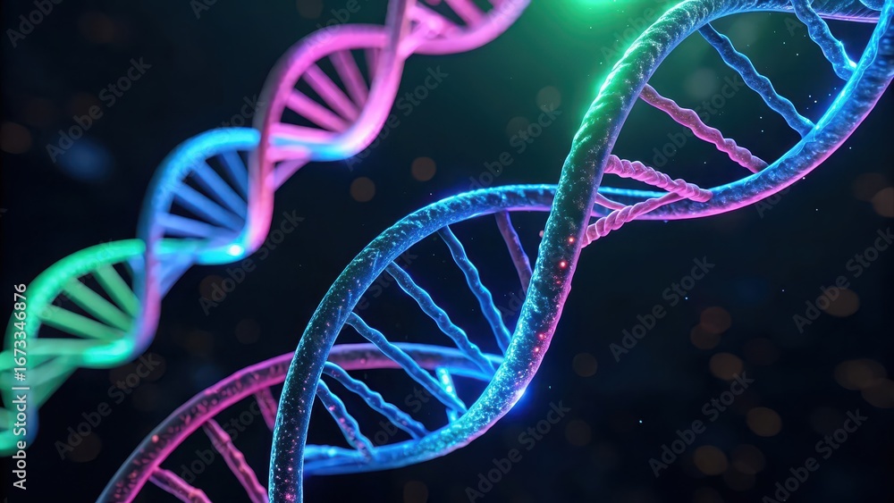 Poster futuristic genetics visual colorful dna strands illuminated against a dark background, showcasing th