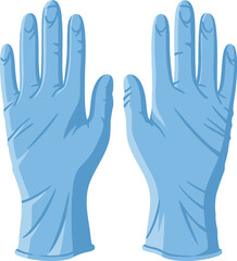 This illustration depicts a pair of light blue nitrile medical gloves presented in a pixel art style. 