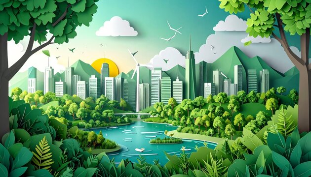 Green trees illustrate the perfect blend of nature and modern urban architecture within a tranquil city landscape