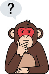 A captivating pixel art illustration of a chimpanzee deep in thought, hand on chin, with a question mark bubble above.