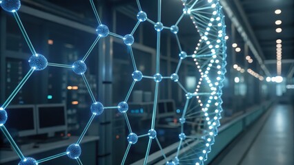 Fototapeta premium futuristic genetics visual Futuristic laboratory featuring molecular structures and advanced technology displays.