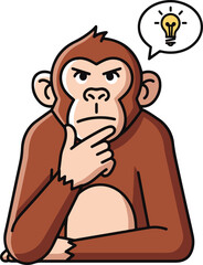 A pixel art illustration depicts a thoughtful orangutan, rendered in shades of brown, sitting with its hand on its chin in a contemplative pose