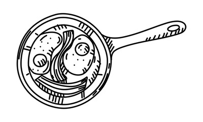 Bacon and egg in a frying pan doodle, hand-drawn. Fried food, outdoor snack. Graphics, engraving, shading. Black ink drawing, marker, liner for designing postcards. Picnic, hiking, camping. Top view