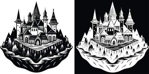 Majestic fantasy castle perched atop a dramatic mountain landscape, evoking enchantment and adventure