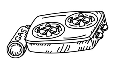 Camping gas stove with cylinder. Doodle drawn by hand. Cooking outdoors. Graphics, engraving, shading. Drawing in black ink, marker, liner for designing postcards, packaging. Picnic, tourism, camping
