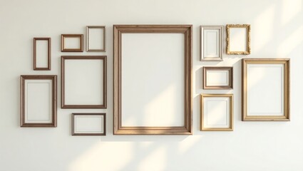 Assorted wooden and metallic picture frames on wall