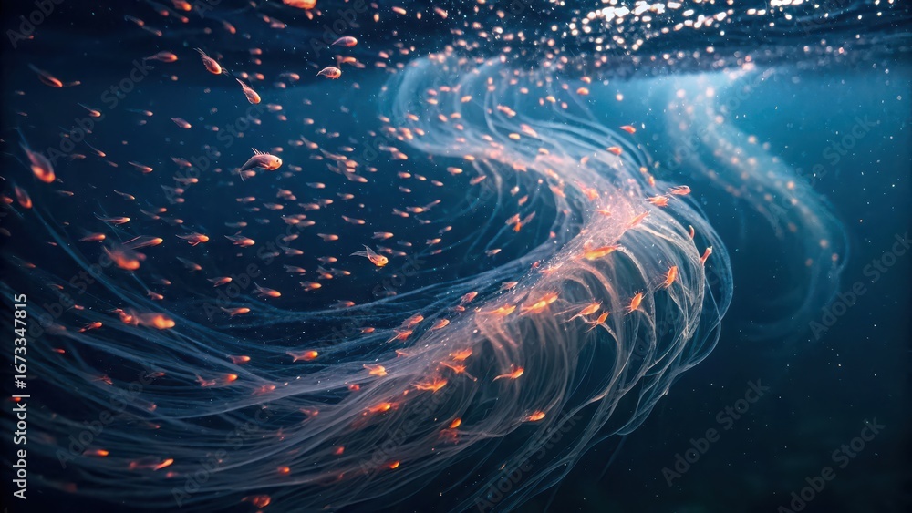 Poster glowing krill swarm underwater scene featuring jellyfish and small fish, creating a mesmerizing aqua