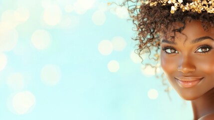 Fototapeta premium African woman with curly hair poses against a blue background.