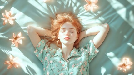 Fototapeta premium Redhead woman in vintage blouse relaxes on bed, elegant and cozy setting.