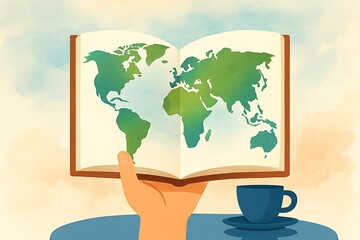 Hand Holding Book with World Map – International Literacy Day Concept