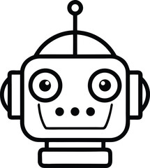 Naklejka premium Friendly Cartoon Robot Head: Black and White Line Art Illustration, Cheerful, Childlike Design