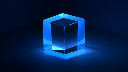 Glowing blue geometric crystal prism on dark background