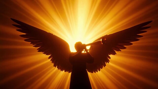 Radiant angel silhouette blowing trumpet, heavenly light bursting forth, evoking spirituality, faith, and divine inspiration for creative projects