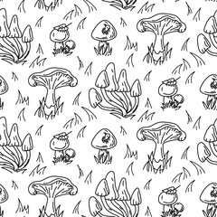 Pattern of wild mushrooms in the grass, scribbles. Mushroom with a worm, chanterelle, mushrooms. Graphics, engraving, and shading in a seamless texture. Black ink, marker. Forest, nature, recreation