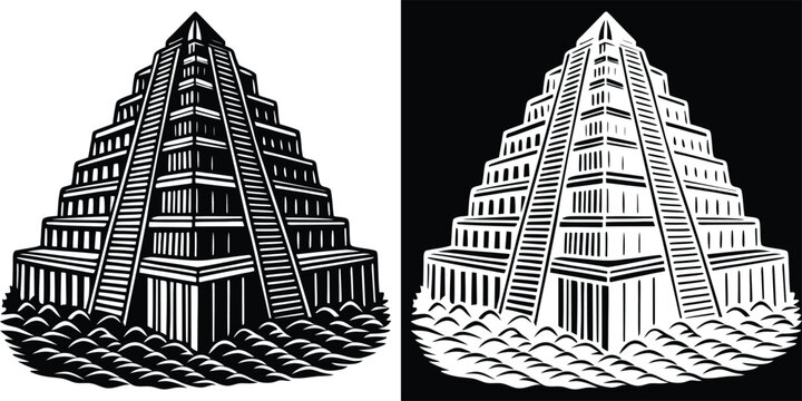 Stunning ancient ziggurat structure with tiered levels and dramatic staircases against water elements