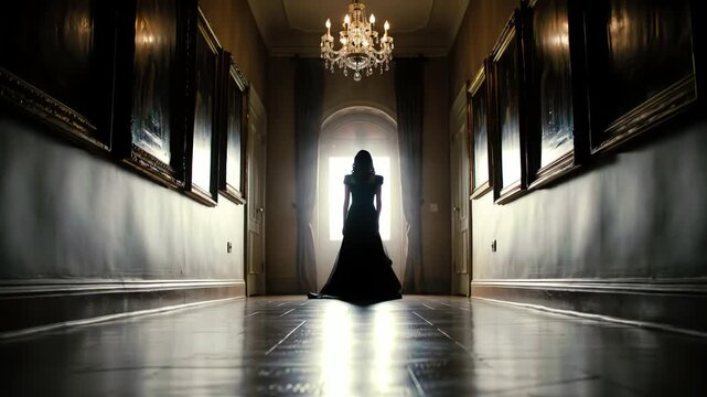 A mysterious silhouette stands at the end of a grand, dimly lit hall, creating an eerie ambiance within this elegant haunted house interior