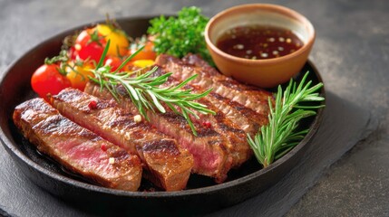 Grilled steak slices well-done outside, rare inside, with cherry tomatoes, herbs, and dipping sauce in a black pan on a dark surface