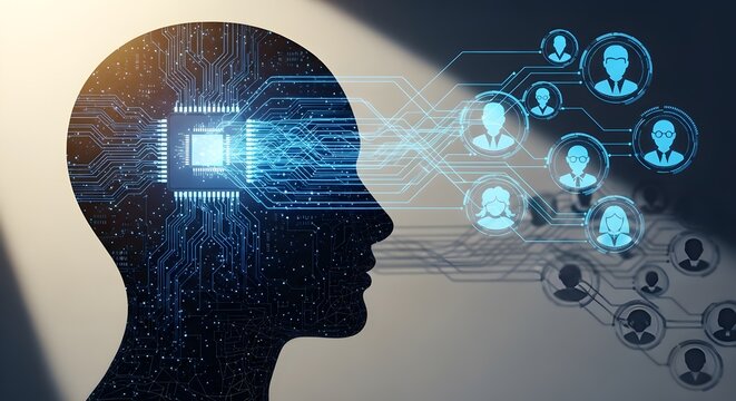 Silhouette of a human head with a glowing microchip inside, connected to a network of user icons, representing artificial intelligence and human connections.