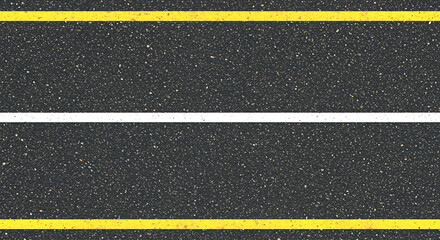 Close up aerial view of a textured asphalt road surface with bright yellow and white lane dividing lines creating a graphic pattern