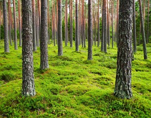 Naklejka premium Lush forest floor covered in vibrant moss, tall pine trees