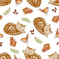 Seamless pattern of sleeping ginger cats, little birds, and apple pie slice in watercolor style. Cozy and charming design, perfect for textiles, wrapping paper, and kitchen decor.