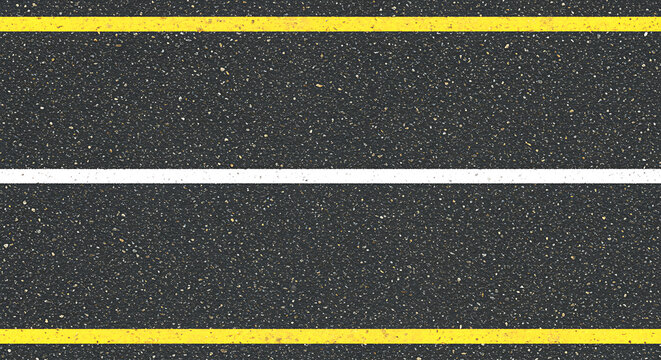Close up aerial view of a textured asphalt road surface with bright yellow and white lane dividing lines creating a graphic pattern - Powered by Adobe
