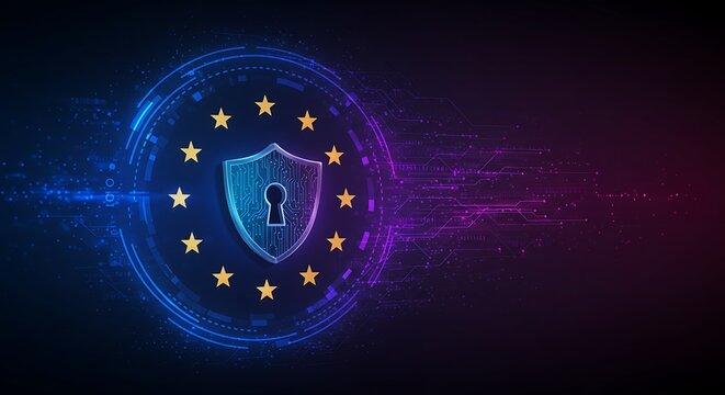 Digital shield with EU stars, data flow - Powered by Adobe