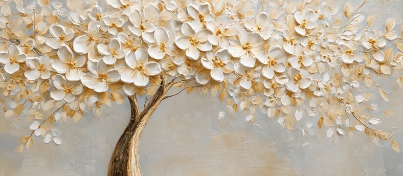 Elegant floral tree with white blossoms and golden accents in a textured painting style