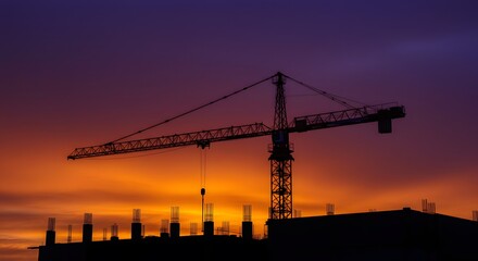 Silhouette Construction Crane Against Vibrant Orange and Purple Sunset Sky
