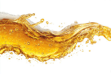 Golden liquid splashing wave with bubbles isolated on white background