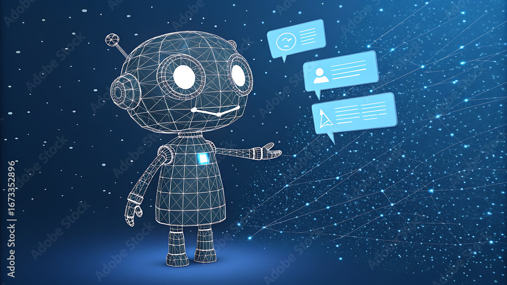 Poster friendly wireframe robot with chat bubbles in a digital starry network artificial intelligence