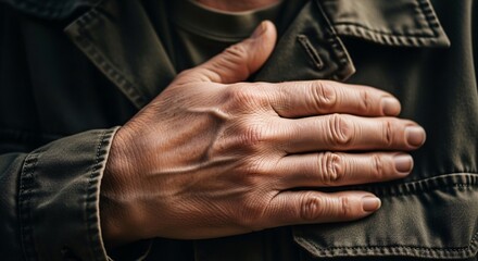 A man's hand rests on his chest, symbolizing patriotism, respect, and heartfelt emotion in dark tones
