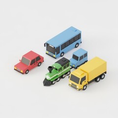 Colorful Toy Vehicles Set Including Train, Buses, and Cars on White Background