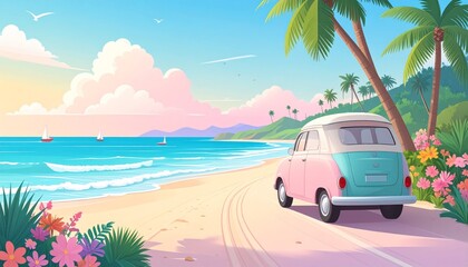 A colorful cartoon vector illustration of a tropical beach scene with a car, palm trees, and the sun shining over the ocean