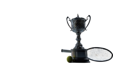 Tennis trophy, racket, and ball
