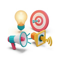 Creative digital illustration of lightbulb, target, megaphone, and speaker icons
