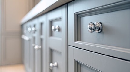 Close-up view of gray kitchen cabinets with chrome handles.