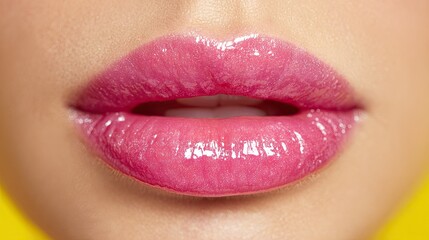 Fototapeta premium Close-up view of glossy pink lips.