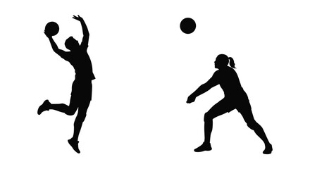 Two volleyball players in action on the court in black silhouettes