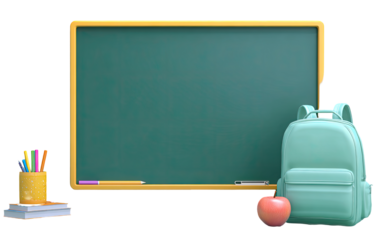 Classroom scene with chalkboard and backpack